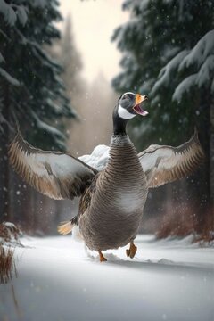 A Beautiful Cheerful Funny Encounter in a Winter Wonderland: A Goose Animal in a Long Colorful Scarf Races in Beautifully Snowy Serene Glacial Pine Forest (generative AI)