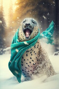 A Beautiful Cheerful Funny Encounter in a Winter Wonderland: A leopard seal Animal in a Long Colorful Scarf Races in Beautifully Snowy Serene Glacial Pine Forest (generative AI)