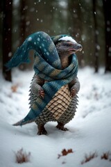 A Beautiful Cheerful Funny Encounter in a Winter Wonderland: A Pangolin Animal in a Long Colorful Scarf Races in Beautifully Snowy Serene Glacial Pine Forest (generative AI)