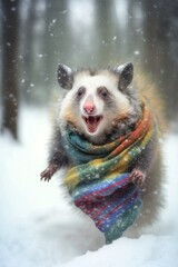 A Beautiful Cheerful Funny Encounter in a Winter Wonderland: A Possum Animal in a Long Colorful Scarf Races in Beautifully Snowy Serene Glacial Pine Forest (generative AI)