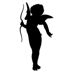 Standing Cupid or Amur holding a bow. Ancient Greek god of love Eros as a winged Putto angel child. Black silhouette on white background.