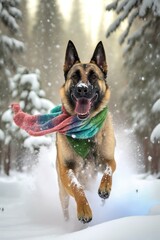 Naklejka premium A Beautiful Cheerful Funny Encounter in a Winter Wonderland: A Belgian Malinois dog Animal in a Long Colorful Scarf Races in Beautifully Snowy Serene Glacial Pine Forest (generative AI)