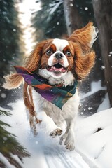 A Beautiful Cheerful Funny Encounter in a Winter Wonderland: A Cavalier King Charles Spaniel dog Animal in a Long Colorful Scarf Races in Beautifully Snowy Serene Glacial Pine Forest (generative AI)