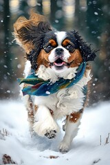 A Beautiful Cheerful Funny Encounter in a Winter Wonderland: A Cavalier King Charles Spaniel dog Animal in a Long Colorful Scarf Races in Beautifully Snowy Serene Glacial Pine Forest (generative AI)