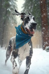 A Beautiful Cheerful Funny Encounter in a Winter Wonderland: A Great Dane dog Animal in a Long Colorful Scarf Races in Beautifully Snowy Serene Glacial Pine Forest (generative AI)