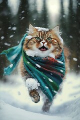 A Beautiful Cheerful Funny Encounter in a Winter Wonderland: A Minuet cat Animal in a Long Colorful Scarf Races in Beautifully Snowy Serene Glacial Pine Forest (generative AI)