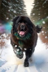 A Beautiful Cheerful Funny Encounter in a Winter Wonderland: A Newfoundland dog Animal in a Long Colorful Scarf Races in Beautifully Snowy Serene Glacial Pine Forest (generative AI)