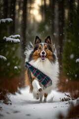 A Beautiful Cheerful Funny Encounter in a Winter Wonderland: A Shetland Sheepdog dog Animal in a Long Colorful Scarf Races in Beautifully Snowy Serene Glacial Pine Forest (generative AI)