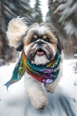 A Beautiful Cheerful Funny Encounter in a Winter Wonderland: A Shih Tzu dog Animal in a Long Colorful Scarf Races in Beautifully Snowy Serene Glacial Pine Forest (generative AI)