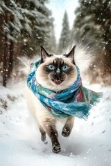 A Beautiful Cheerful Funny Encounter in a Winter Wonderland: A Siamese cat Animal in a Long Colorful Scarf Races in Beautifully Snowy Serene Glacial Pine Forest (generative AI)