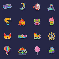 Amusement Park icons set stikers collection vector with shadow on purple background