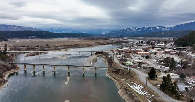 Aerial Perspective of Bonners Ferry Idaho USA City Landscape Above Kootenay River