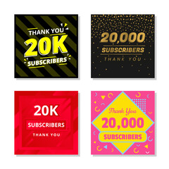 Thank you 20k subscribers set template vector. 20000 subscribers. 20k subscribers colorful design vector. thank you twenty thousand subscribers