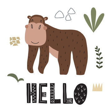 Cute vector illustration with gorilla and word hello in warm scandinavian style for your design.