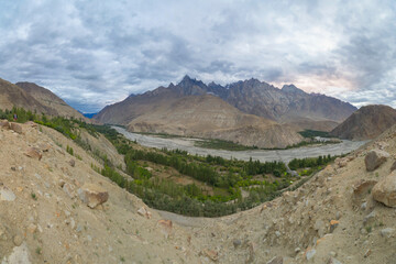 Karakoram high mountain hills. Nature landscape background, Skardu-Gilgit, Pakistan. Travel on holiday vacation.