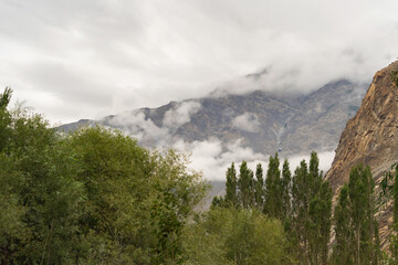 Karakoram high mountain hills. Nature landscape background, Skardu-Gilgit, Pakistan. Travel on holiday vacation.