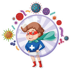 Hero boy surrounded by germs