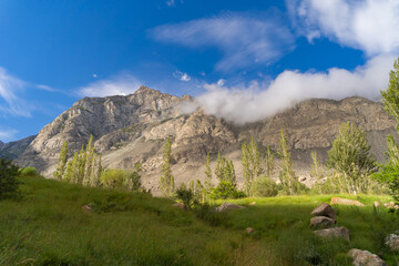 Fototapeta premium Karakoram high mountain hills. Nature landscape background, Skardu-Gilgit, Pakistan. Travel on holiday vacation.