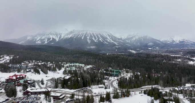 Fernie BC Canada Alpine Ski Resort City Kootenay Mountains Town Aerial View During Winter Snowfall
