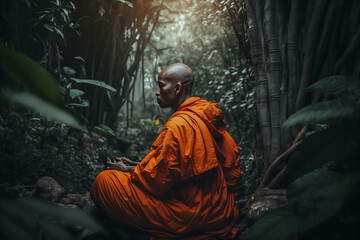 Generative ai illustration of Buddhist monk in meditation in jungle forest 