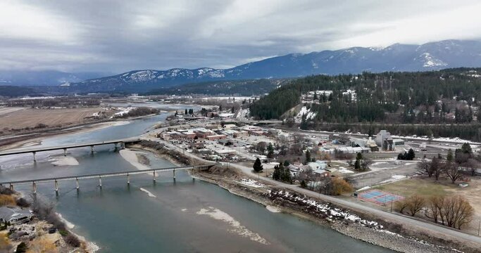 Bonners Ferry Idaho USA Aerial Establishing Shot of CIty Above Kootenay River