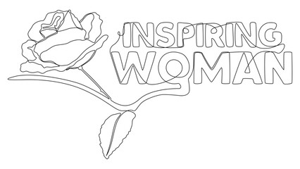 One continuous line of Inspiring Woman word with rose flowers. Thin Line Illustration vector concept. Contour Drawing Creative ideas.