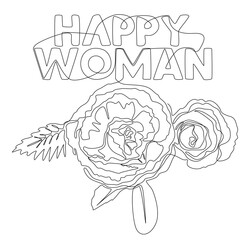 One continuous line of Happy Woman word with rose flowers. Thin Line Illustration vector concept. Contour Drawing Creative ideas.
