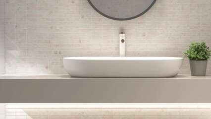 Modern beige vanity counter, ceramic washbasin, white faucet, plant, black round mirror in sunlight on marble subway tile wall luxury bathroom for cosmetic, beauty, toiletries product background 3D