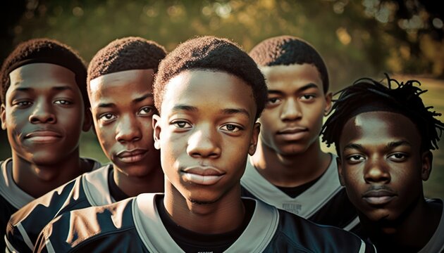 Group Of Diverse And Empowered African American Black Youth Male High School Students Working Together In Football : Power Of Collaboration In Clubs, Sports Teams (generative AI)