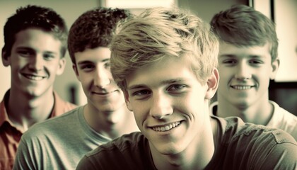 Obraz premium Group of Diverse and Empowered Caucasian White Youth Male High School Students Working Together in Film Club : Power of Collaboration in Clubs, Sports Teams (generative AI)