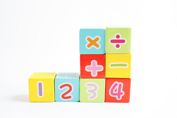 Number wood block cubes for learning Mathematic, education math concept.