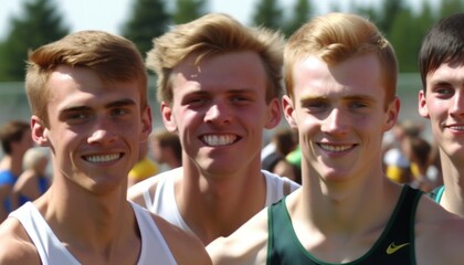 Group of Diverse and Empowered Caucasian White Youth Male High School Students Working Together in Track and Field : Power of Collaboration in Clubs, Sports Teams (generative AI)
