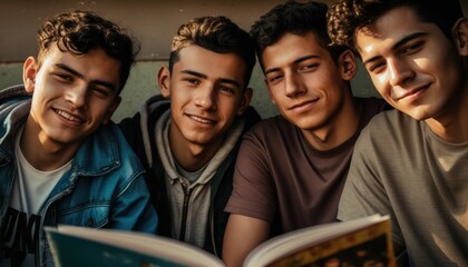 Group of Diverse and Empowered Hispanic Youth Male High School Students Working Together in Book Club : Power of Collaboration in Clubs, Sports Teams (generative AI)