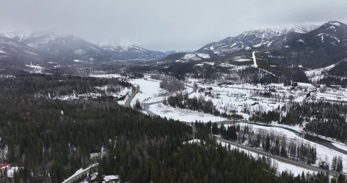 Fernie British Columbia Canada and Elk Valley in East  Kootenay Region of the Rocky Mountains Range Aerial Drone View Snowy Winter Day
