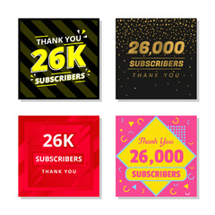 Thank you 26k subscribers set template vector. 26000 subscribers. 26k subscribers colorful design vector. thank you twenty six thousand subscribers