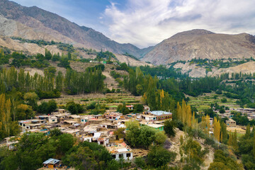 Fototapeta na wymiar Aerial view of Karakoram high mountain hills. Nature landscape background, Skardu-Gilgit, Pakistan. Travel on holiday vacation.
