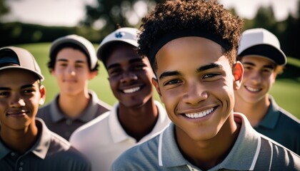 Group of Diverse and Empowered Multiracial Youth Male High School Students Working Together in Golf : Power of Collaboration in Clubs, Sports Teams (generative AI)
