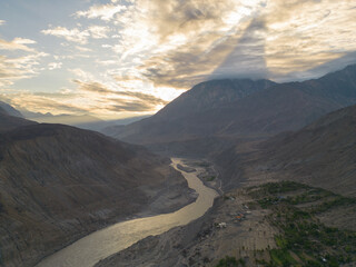 Fototapeta premium Aerial view of Karakoram high mountain hills. Nature landscape background, Skardu-Gilgit, Pakistan. Travel on holiday vacation.