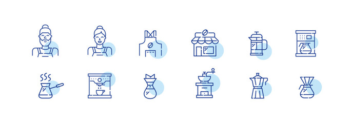 Coffee making technique. Espresso machine, chemex, french press, moka, drip, barista in aprons. Editable stroke icons