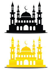 Mosque vector art illustration. Islamic place with flat design, black and gold colours.
