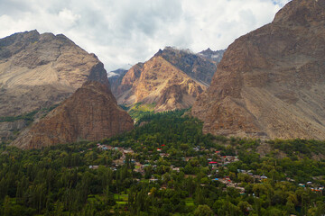 Aerial view of Karakoram high mountain hills. Nature landscape background, Skardu-Gilgit, Pakistan. Travel on holiday vacation.