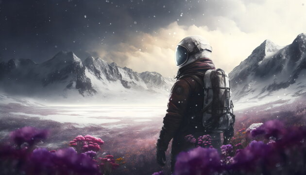 astronaut on alien planet with snow and pink flowers, made with generative ai