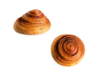 Fototapeta na wymiar Cinnamon snail, roll in white, invisibly background. Top and side view. png