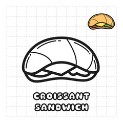 Children Coloring Book Object. Food Series - Croissant Sandwich