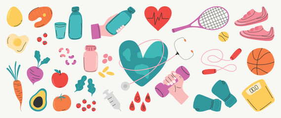 World health day concept, 7 April, element vector set. Hand drawn doodle style of heart, diet food, nutrition, sport, exercise, medicine, heart. Design for web, banner, campaign, social media post.