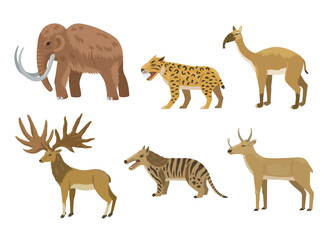 Prehistoric animals, mammoth, saber-tooth tiger, macrauchenia, clip-art collection. Vector illustration of cartoon animal characters.