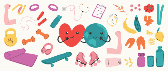 Fototapeta na wymiar World health day concept, 7 April, element vector set. Hand drawn doodle style of heart, diet food, nutrition, sport, exercise, medicine, heart. Design for web, banner, campaign, social media post.