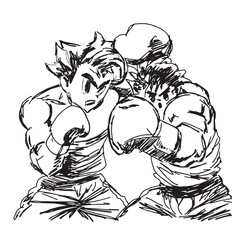 Sketch drawn with a marker quick, two boxers boxing duel in cartoon style anime fight frame. Vector illustration