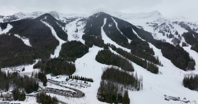 Fernie Ski Resort BC Canada Overhead Aerial Drone Establishing Perspective of Mountain and Slopes