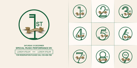 set of anniversary logotype green color in circle and brown ribbon for special celebration event